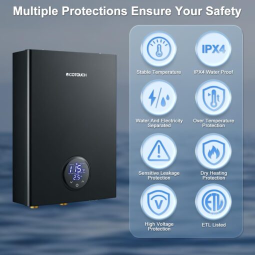 Electric Tankless Hot Water Heater, ECOTOUCH 18kW on Demand Instant Water Heater 240V, ETL Certificated Self-Modulation Point of Use Hot Water Heater Whole House ECO180B Black - Image 6