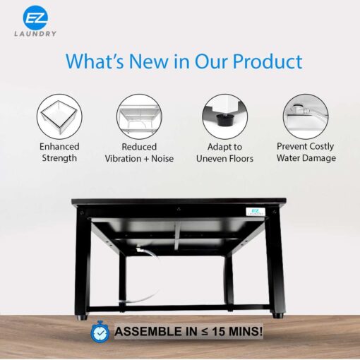 EZ Laundry | Upgraded 28” Universal Pedestal – 700lbs Capacity, Raises 16” with Built-in Drain Pan + Hose, Adjustable Feet, Anti-Vibration & Storage Shelf fits 27" or 28" Washer & Dryer (Black) - Image 6