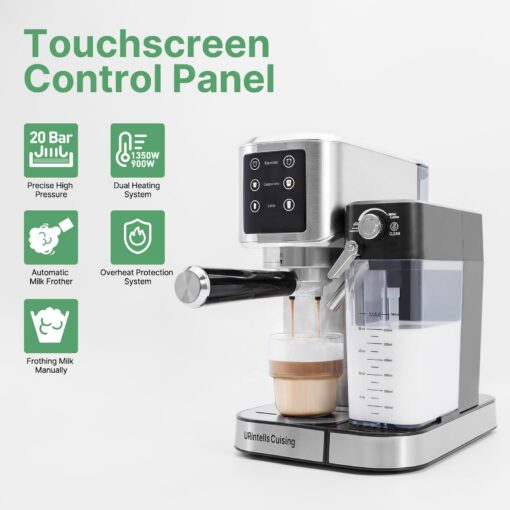 URintells Cuising Espresso Machine 20 Bar, Touchscreen Espresso Maker with Automatic Milk Frother for Cappuccino Latte, Espresso Coffee Maker with Dual Heating System & Dual Pump - Image 9