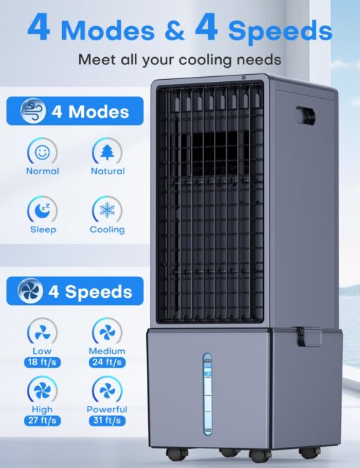 COOLECH 4-IN-1 Portable Air Conditioners w/3.2-Gal Tank for 24H Cooling, 4 Powerful Wind Speeds & 4 Modes, LED Touch Screen, Waterless Alert System & 12H Timer, Remote, Evaporative Air Cooler for Home - Image 7