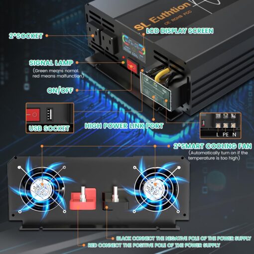 SL Euthtion 3000W/6000W(Peak) Pure Sine Wave Car Power Inverter 12V DC to 120V AC 60HZ with LCD Display, USB Port, Wireless Remote Control（10M) for Car Home Laptop Truck - Image 7