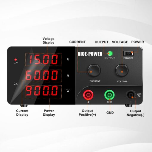NICE-POWER DC Power Supply Variable, 15V 60A 900W High Power Bench Power Supply with Encoder Knob and Output Switch, Lab Adjustable Switching Regulated Power Supply for Repair/Test - Image 8