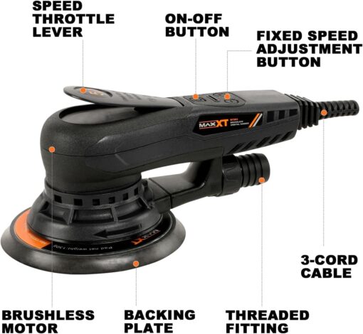MAXXT Electric 5mm Random Orbital Sander Brushless 350W 3A Multi-function Variable Speed Electric Corded Orbital Sanders Machine with 10 Sanding Paper for Woodworking (R7303-5.0mmOrbit) - Image 3