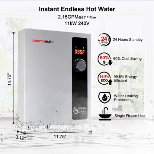 ThermoMate Electric Tankless Water Heater, 11kW 208~240 Volt, On Demand Instant Hot Water Heater, Self Modulating Energy Saving, Save Space, 2.15GPM at 35°F Rise - Image 8
