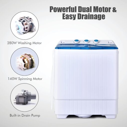 COSTWAY, Twin Tub 26lbs Capacity Laundry, 18lbs 8lbs Spinner Combo with Timer Knobs, Built-in Drain Pump, Compact Washer for Home Dorm Apartment (Blue+White) portable washing machine - Image 7