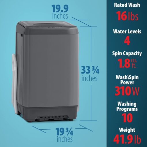 Deco Home Fully Automatic Portable Washing Machine, 1.8 cu. ft., 16lb Capacity, 10 Smart Cleaning Programs, Water Inlet and Drain Pump - Image 4