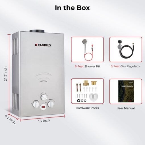CAMPLUX Tankless Water Heater Propane, 2.64GPM Portable Water Heater for Off Grid, Camping, Outdoor Shower, 68,000 BTU Portable Hot Water Heater, BW264G, Gray - Image 3