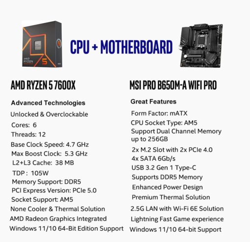 INLAND CPU AMD Ryzen 5 7600X CPU Processor with MSI PRO B650M-A WiFi ProSeries Motherboard (AM5, mATX, DDR5, M.2, USB 3.2 Gen 2, Wi-Fi 6E), Sold by Micro Center - Image 6