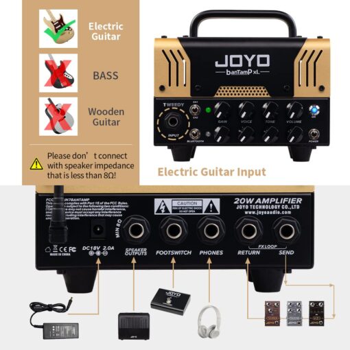 JOYO Tweedy BanTamp XL Series Mini Amp Head 20 Watt Preamp 2 Channel Hybrid Tube Guitar Amplifier Head for Electric Guitar with Bluetooth - Image 9
