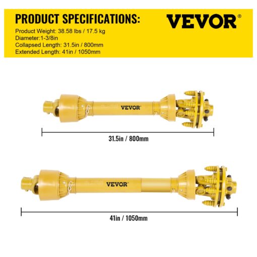 VEVOR PTO Shaft, 1-3/8" PTO Drive Shaft, 6 Spline Both Ends PTO Driveline Shaft, Series 4 Tractor PTO Shaft, 31.5"-41" Brush Hog PTO Shaft, Yellow PTO Shaft w/Slip Clutch for Bush Hog/Finish Mower - Image 4