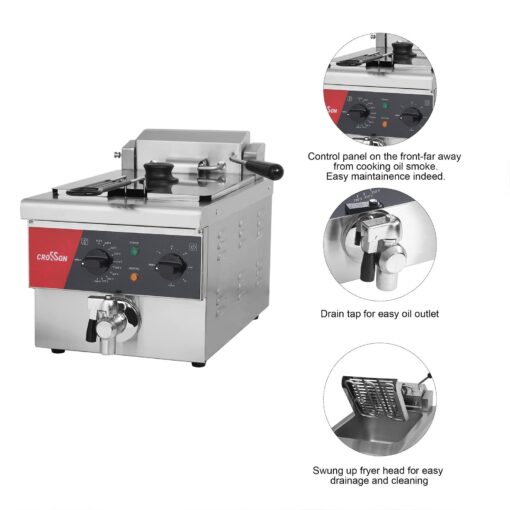 CROSSON 6L Electric Countertop Deep Fryer Extra Large with Drain,Timer,Basket and Lid for Restaurant Use 120V,1800W Commercial Deep Fryers - Image 6