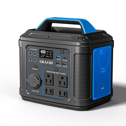 Portable Power Station, 300W 296Wh Solar Generator Quick Charge / 110V AC Outlets/DC Ports and LED Flashlight, Lithium Battery Backup for Home Outdoor Travel Camping Blackout blue