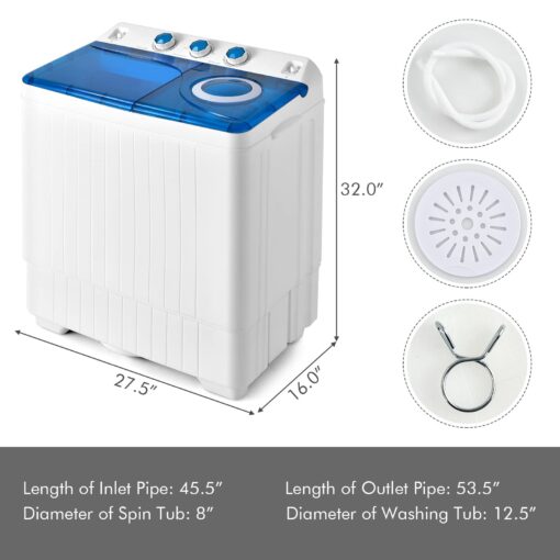 COSTWAY, Twin Tub 26lbs Capacity Laundry, 18lbs 8lbs Spinner Combo with Timer Knobs, Built-in Drain Pump, Compact Washer for Home Dorm Apartment (Blue+White) portable washing machine - Image 6