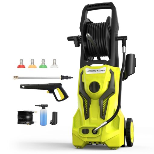 Electric Pressure Washer - 4800PSImax 3.2GPM Power Washer Electric Powered with 25 FT Hose Reel 4 Interchangeable Nozzle & Foam Cannon, for Cars, Patios, and Floor Cleaning, Yellow