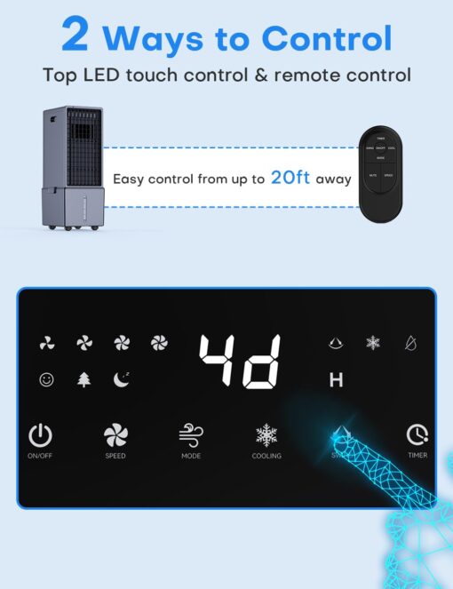 COOLECH 4-IN-1 Portable Air Conditioners w/3.2-Gal Tank for 24H Cooling, 4 Powerful Wind Speeds & 4 Modes, LED Touch Screen, Waterless Alert System & 12H Timer, Remote, Evaporative Air Cooler for Home - Image 8