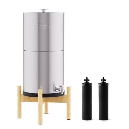 iSpring DGF2-NW Gravity-Fed Stainless Steel Countertop Water Filter System with Natural Wood Base,with 2 Activated Carbon Water Filters,Chlorine Reduction,Portable Water Filter for Home and Party
