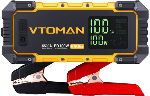 VTOMAN V10 Max 5500A Jump Starter with 100W USB-C Fast Charger Car Battery Jumper Starter Portable for All Gas or 12L Diesel Engines,12V Jump Strart Booster Pack, Jump Box Comes with 100W Car Charger