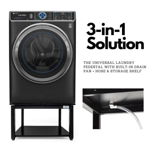 EZ Laundry | Upgraded 28” Universal Pedestal – 700lbs Capacity, Raises 16” with Built-in Drain Pan + Hose, Adjustable Feet, Anti-Vibration & Storage Shelf fits 27" or 28" Washer & Dryer (Black) - Image 9