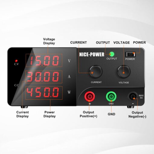 NICE-POWER DC Power Supply Variable, 15V 30A 450W High Power Bench Power Supply with Encoder Knob and Output Switch, Lab Power Supply Adjustable Switching Regulated Power Supply for Repair/Test - Image 8