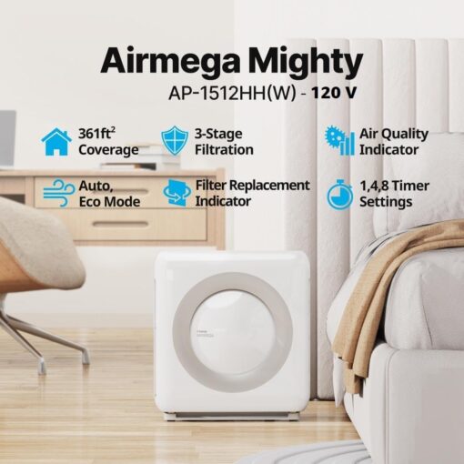 Coway Airmega AP-1512HH(W) True HEPA Purifier with Air Quality Monitoring, Auto, Timer, Filter Indicator, and Eco Mode, 16.8 x 18.3 x 9.7, White - Image 10