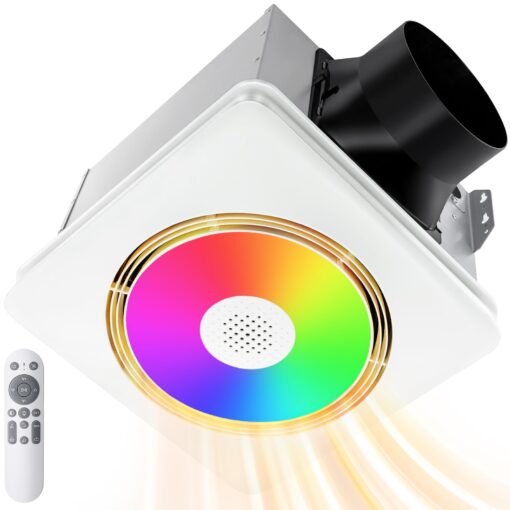GROWNEER Bathroom Fan with Bluetooth Speaker, 110/160 CFM 1.0 Sone Bathroom Exhaust Fan with Heater, Exhaust Fan with Light & Remote, 9 RGB Modes, 1500lm 3 Color Temperature & Nightlight, EZ Install