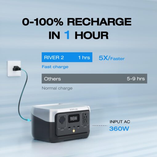 EF ECOFLOW Portable Power Station RIVER 2 with 45W Solar Panel, 256Wh LiFePO4 Battery/ 1 Hour Fast Charging, Up to 600W Output, Solar Generator for Outdoor Camping/RVs/Home Use - Image 8