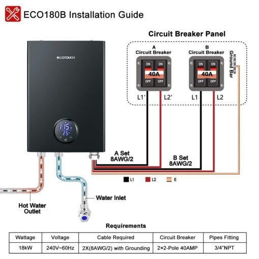 Electric Tankless Hot Water Heater, ECOTOUCH 18kW on Demand Instant Water Heater 240V, ETL Certificated Self-Modulation Point of Use Hot Water Heater Whole House ECO180B Black - Image 3