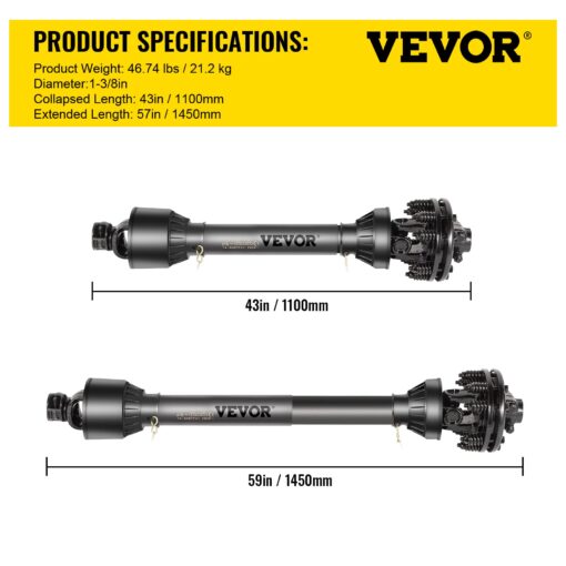 VEVOR PTO Shaft, 1-3/8" PTO Drive Shaft, 6 Spline Both Ends PTO Driveline Shaft, Series 5 Tractor PTO Shaft, 43"-57" Brush Hog PTO Shaft, Black PTO Shaft w/Slip Clutch for Bush Hog/Finish Mower - Image 4