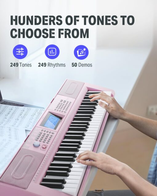 Donner Keyboard Piano 61 Key, Electric Keyboard Kit with 249 Voices, 249 Rhythms - Includes Piano Stand, Stool, Microphone, Gift for Beginners, Pink(DEK-610S) - Image 7