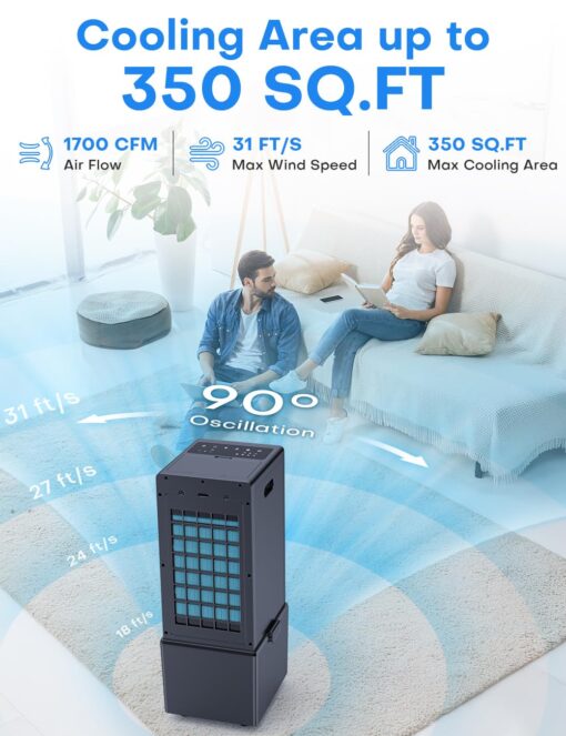 COOLECH 4-IN-1 Portable Air Conditioners w/3.2-Gal Tank for 24H Cooling, 4 Powerful Wind Speeds & 4 Modes, LED Touch Screen, Waterless Alert System & 12H Timer, Remote, Evaporative Air Cooler for Home - Image 5