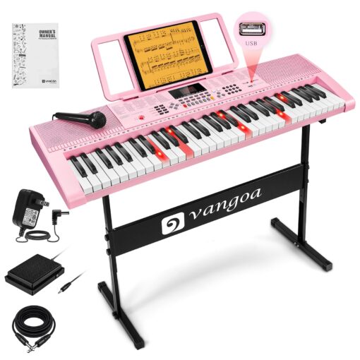 Vangoa Pink Piano Keyboard 61 Key, Electric Keyboard Kit Portable Music Keyboard for Kids Students with Microphone, 600 Tones, 400 Rhythms, 50 Demos, Gift for Beginners
