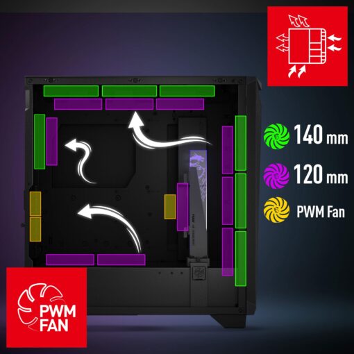 MSI MPG GUNGNIR 300R Airflow - Premium Mid-Tower Gaming PC Case - Tempered Glass Side Panel - ARGB 120mm Fans - Liquid Cooling Support up to 360mm Radiator - Vented Front Panel - Image 4