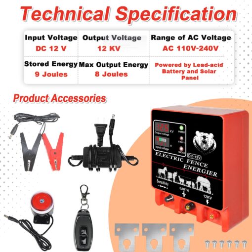 9J Electric Fence Charger Energizer, 9 Joules 400 Acres, AC DC 2 in 1 Powered Supply, Input 12V Output 12KV, with Display Alarm and Remote, Deter Predators, Contain Cattle Cow and Livestock - Image 6