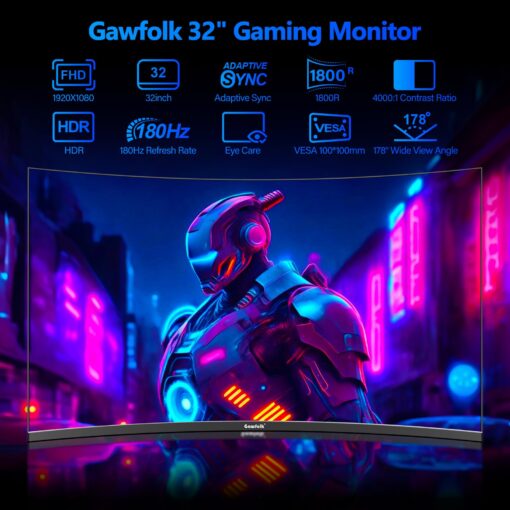 Gawfolk 32 inch Gaming Monitor 1800R Curved Computer Monitors 165HZ / 180HZ PC Monitors VA Screen for Home, Office and Dormitory, FHD 1080P Computer Monitor Support HDMI & DP - Image 7