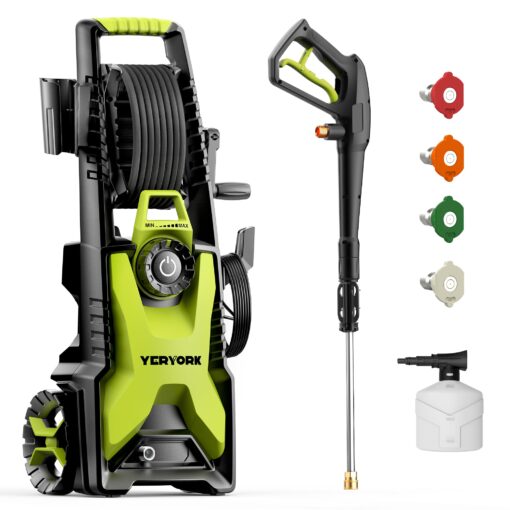 YERYORK Pressure Washer, Adjustable 5000 Max PSI 2.5 Max GPM, Power Washer with 33 FT Hose Reel, Steel Wand, 500ml Foam Cannon, 4-Nozzle Set, Electric Pressure Washer for Cars, Fences, Patios