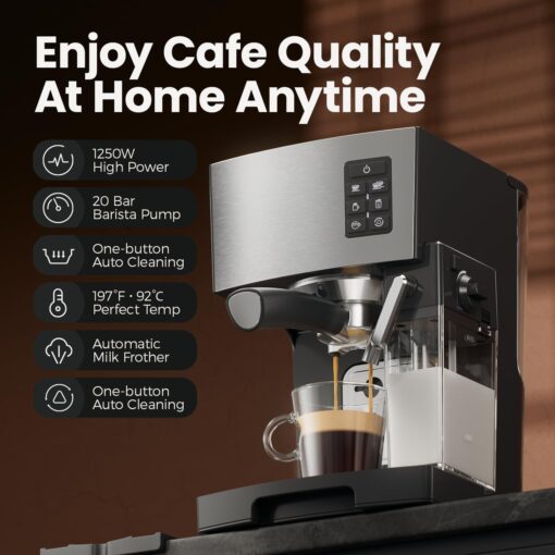 JZ.CAFE Espresso Machine 20 Bar - Espresso & Coffee Maker with Automatic Milk Frother, Cappuccino Machine, Latte Maker for Home, office, 1250W - Image 7
