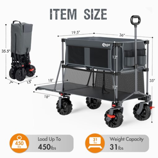 PORTAL 400L Large Capacity Collapsible Double Decker Wagon with Brakes, 450LB Heavy Duty Folding Cart with Tailgate, Foldable Utility Wagons for Camping, Beach, Garden, Sports, Shopping - Image 3