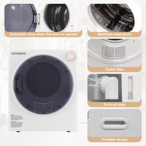 Elevon Portable Clothes Dryer 800W, Compact Dryer for laundry with 5 Drying Modes, 1.95 Cu.ft Front Load Dryer Machine, Stainless Steel Tub for Small Space, Apartments, RVs, Overheat Protection, White - Image 6