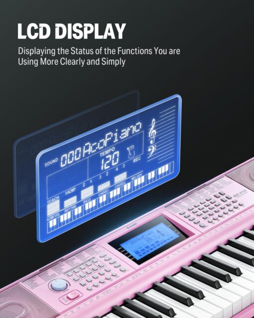 Donner Keyboard Piano 61 Key, Electric Keyboard Kit with 249 Voices, 249 Rhythms - Includes Piano Stand, Stool, Microphone, Gift for Beginners, Pink(DEK-610S) - Image 6