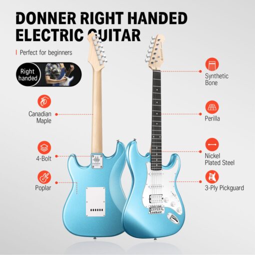 Donner DST-100T 39 Inch Electric Guitar Beginner Kit Solid Body Full Size Lake Blue HSS Pick Up for Starter, with Amplifier, Bag, Digital Tuner, Capo, Strap, String,Cable, Picks - Image 5