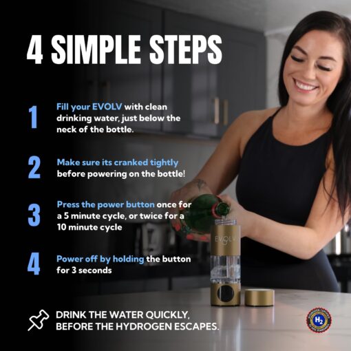 EVOLV Hydrogen Water Bottle Generator – SPE & PEM Water Ionizer 5.42PPM, Highest Concentrated Dose – 8oz Hydrogenated Water Bottle for Improved Energy & Inflammation Support - Easy to Use, Champagne - Image 4