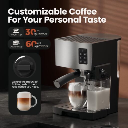 JZ.CAFE Espresso Machine 20 Bar - Espresso & Coffee Maker with Automatic Milk Frother, Cappuccino Machine, Latte Maker for Home, office, 1250W - Image 4