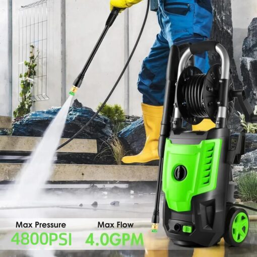 4800 PSI Electric Pressure Washer- 4.0 GPM High Power Washer with 33FT Hose Reel, 4 Spray Tips and Soap Bottle for Car Washing, Fence Cleaning, Patio Maintenance（Upgraded）(Green) - Image 3