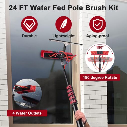 ZKUAOGDI 24ft Long Reach Solar Panel Cleaning Brush Kit,Telescopic Water Fed Pole & Squeegee, 2 Dusting Brushes for Window Outdoor Roof Cleaner Kit - Image 7