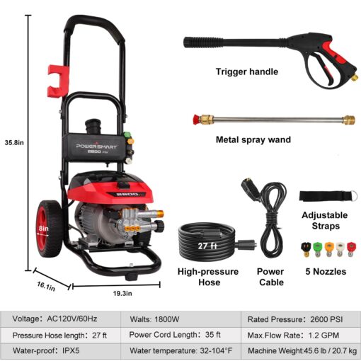 PowerSmart Electric Pressure Washer 2600 MAX PSI, 1.2 GPM, 1.5L Soap Tank, Metal Spray Wand, 5 Nozzle Set for Cars, Patio, Decks, and Fences (DB1002) - Image 4