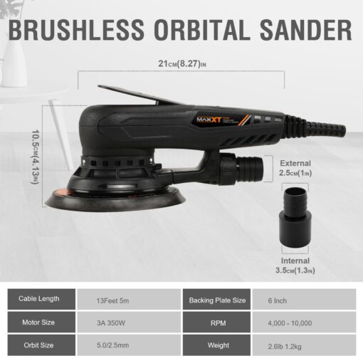 MAXXT Electric 5mm Random Orbital Sander Brushless 350W 3A Multi-function Variable Speed Electric Corded Orbital Sanders Machine with 10 Sanding Paper for Woodworking (R7303-5.0mmOrbit) - Image 4