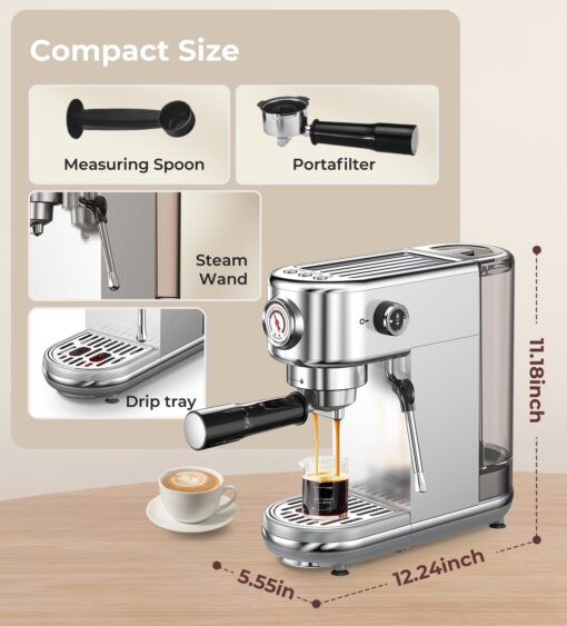 atatix Espresso Machine with Milk Frother, 20 Bar High Pressure Professional Espresso Maker Automatic, Compact Stainless Steel Coffee Machine for Cappuccino, Latte, Gift for Coffee Lover, Silver - Image 2