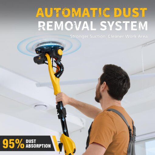 Drywall Sander, 1050W Electric Drywall Sander with Vacuum Dust Collection, 2100RPM Wall Sander with 7 Variable Speed, Foldable & Extendable Handle, Double-Deck LED Light, Dust Bag and Hose - Image 8