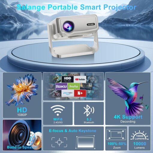 Smart Projector with Built in Apps - Electric Focus, Auto Keystone, Salange Android Projector 4k Wifi Bluetooth, 360° Ajustable Mini Protable Outdoor Movie Projectors, Compatible w iPhone, TV Stick - Image 7