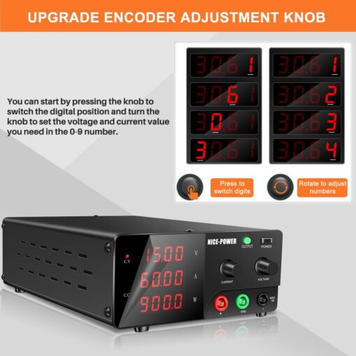 NICE-POWER DC Power Supply Variable, 15V 60A 900W High Power Bench Power Supply with Encoder Knob and Output Switch, Lab Adjustable Switching Regulated Power Supply for Repair/Test - Image 6